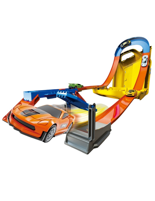 PINGÜE® City & Speed | Pista de Alta Velocidad y Case Contenedor Tipo Galón de Aceite | Garage para Vehículos 1:64 | Hasta 12 Hot Wheels, Amarillo | Tamaño 25x11x32 | Juguetes Niños estilo Hot Wheels.