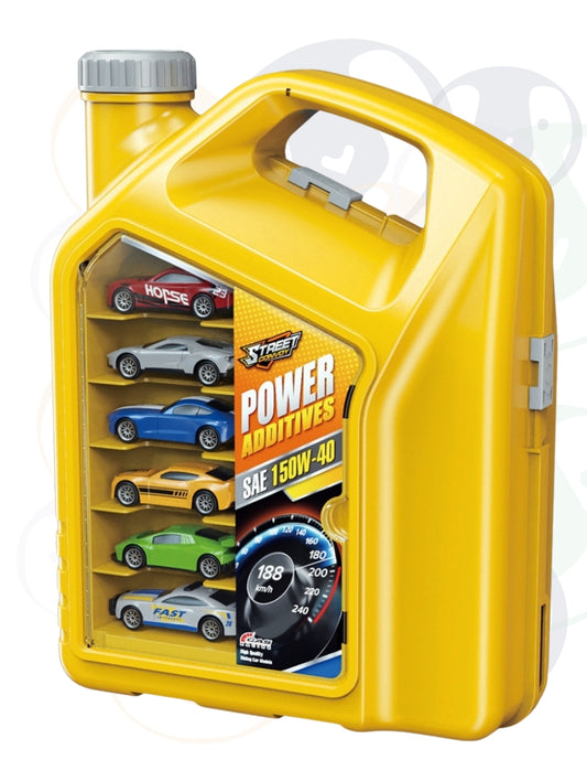 PINGÜE® City & Speed | Pista de Alta Velocidad y Case Contenedor Tipo Galón de Aceite | Garage para Vehículos 1:64 | Hasta 12 Hot Wheels, Amarillo | Tamaño 25x11x32 | Juguetes Niños estilo Hot Wheels.