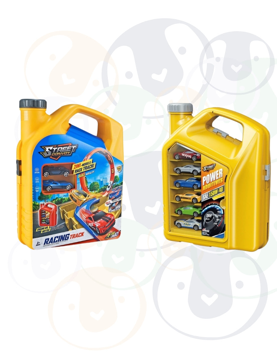 PINGÜE® City & Speed | Pista de Alta Velocidad y Case Contenedor Tipo Galón de Aceite | Garage para Vehículos 1:64 | Hasta 12 Hot Wheels, Amarillo | Tamaño 25x11x32 | Juguetes Niños estilo Hot Wheels.
