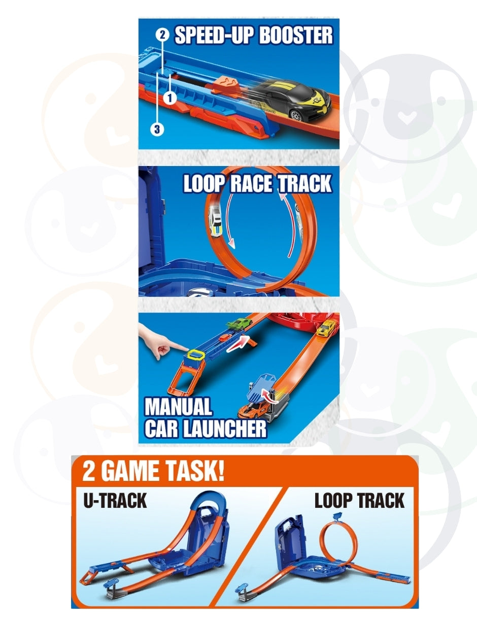 PINGÜE® City & Speed | Pista de Alta Velocidad y Case Contenedor Tipo Galón de Aceite | Garage para Vehículos 1:64 | Hasta 12 Hot Wheels, Amarillo | Tamaño 25x11x32 | Juguetes Niños estilo Hot Wheels.