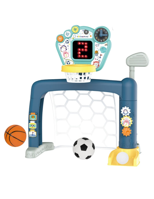 PINGÜE® Outdoors and Sports | Centro Deportivo Infantil 3 en 1 Smart Shots, Fútbol, Basquetbol y Golf. Luces y Sonidos. Marcador con contador en Luz Led. 18+ meses. Tamaño 54x39x61. Utiliza 3 baterías de 1.5V tamaño AA no incluidas. Juguetes Niños y Niñas