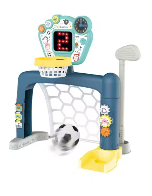 PINGÜE® Outdoors and Sports | Centro Deportivo Infantil 3 en 1 Smart Shots, Fútbol, Basquetbol y Golf. Luces y Sonidos. Marcador con contador en Luz Led. 18+ meses. Tamaño 54x39x61. Utiliza 3 baterías de 1.5V tamaño AA no incluidas. Juguetes Niños y Niñas
