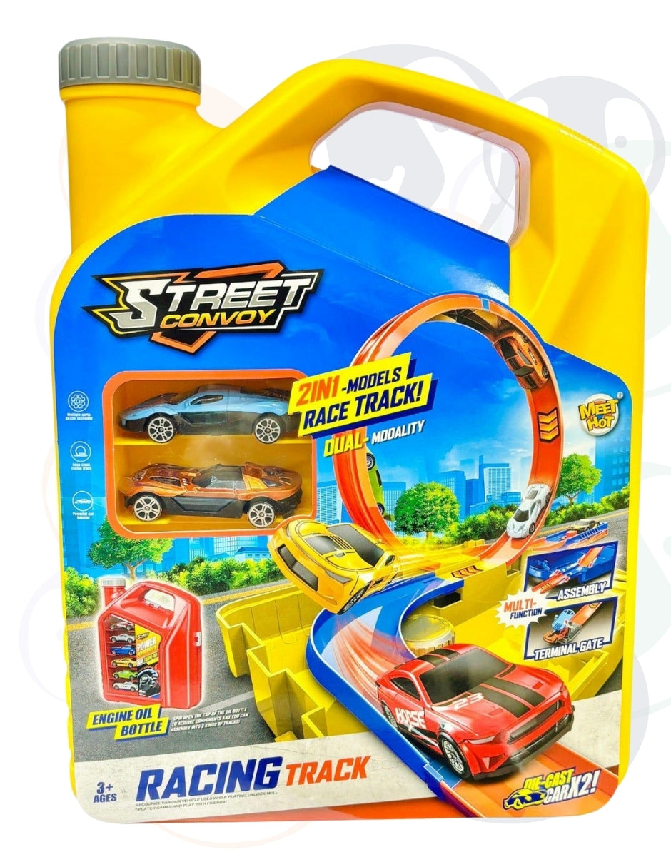 PINGÜE® City & Speed | Pista de Alta Velocidad y Case Contenedor Tipo Galón de Aceite | Garage para Vehículos 1:64 | Hasta 12 Hot Wheels, Amarillo | Tamaño 25x11x32 | Juguetes Niños estilo Hot Wheels.