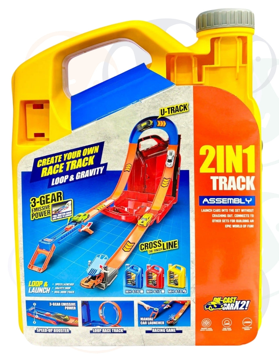 PINGÜE® City & Speed | Pista de Alta Velocidad y Case Contenedor Tipo Galón de Aceite | Garage para Vehículos 1:64 | Hasta 12 Hot Wheels, Amarillo | Tamaño 25x11x32 | Juguetes Niños estilo Hot Wheels.