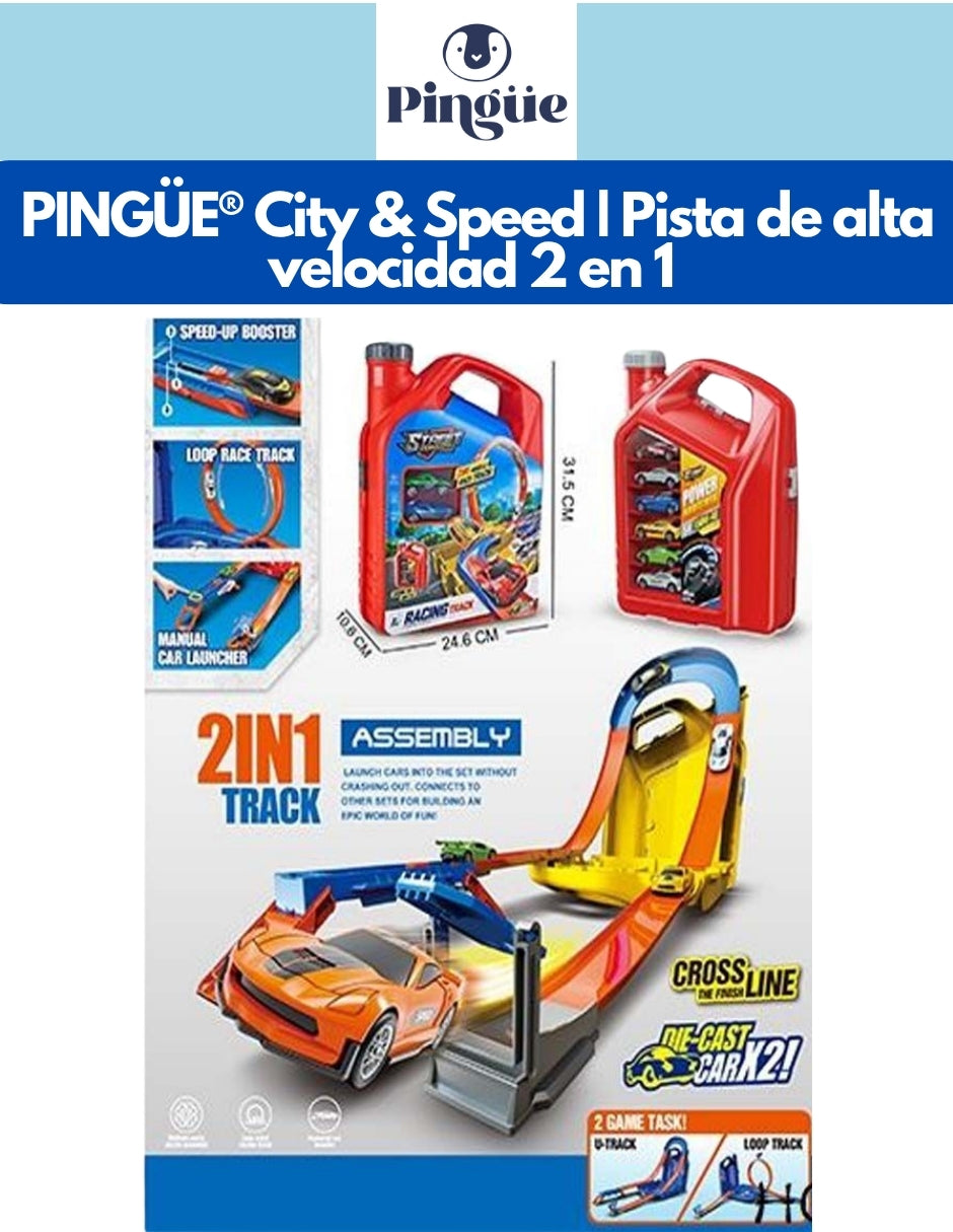 PINGÜE® City & Speed | Pista de Alta Velocidad y Case Contenedor Tipo Galón de Aceite | Garage para Vehículos 1:64 | Hasta 12 Hot Wheels, Amarillo | Tamaño 25x11x32 | Juguetes Niños estilo Hot Wheels.