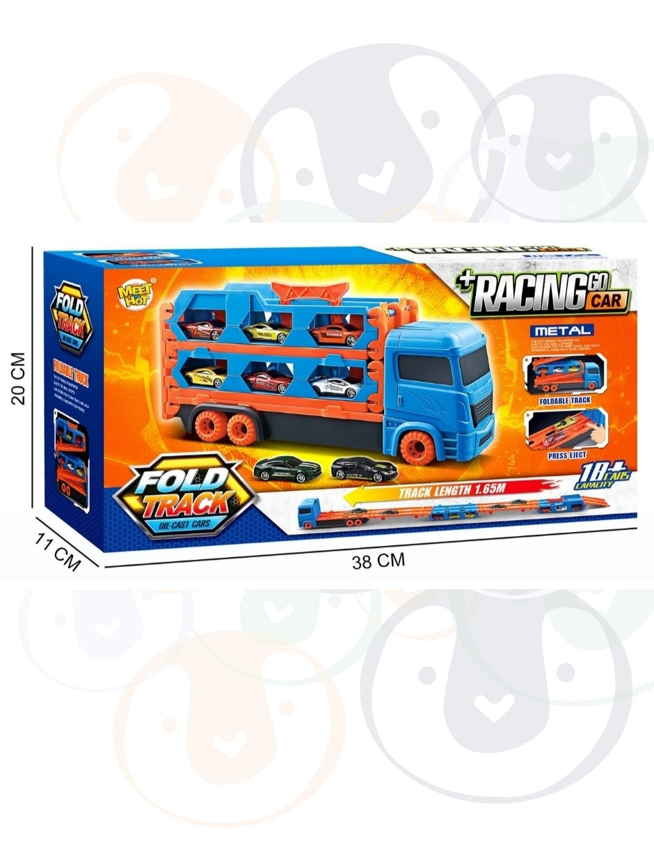 PINGÜE® City & Speed | Tráiler de Transporte y Almacenamiento | Pista de Alta Velocidad para Vehículos 1:64 | Hasta 12 Hot Wheels, Azul | Tamaño 37x11x19 | Juguetes Niños estilo Hot Wheels.