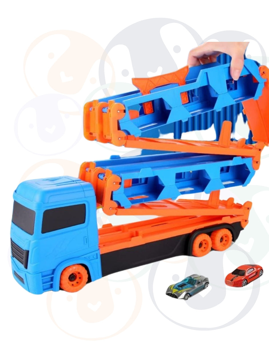 PINGÜE® City & Speed | Tráiler de Transporte y Almacenamiento | Pista de Alta Velocidad para Vehículos 1:64 | Hasta 12 Hot Wheels, Azul | Tamaño 37x11x19 | Juguetes Niños estilo Hot Wheels.