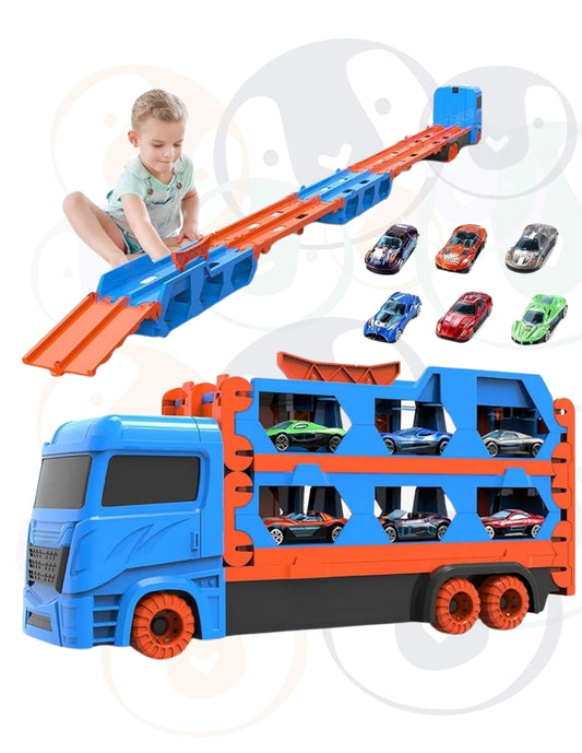 PINGÜE® City & Speed | Tráiler de Transporte y Almacenamiento | Pista de Alta Velocidad para Vehículos 1:64 | Hasta 12 Hot Wheels, Azul | Tamaño 37x11x19 | Juguetes Niños estilo Hot Wheels.