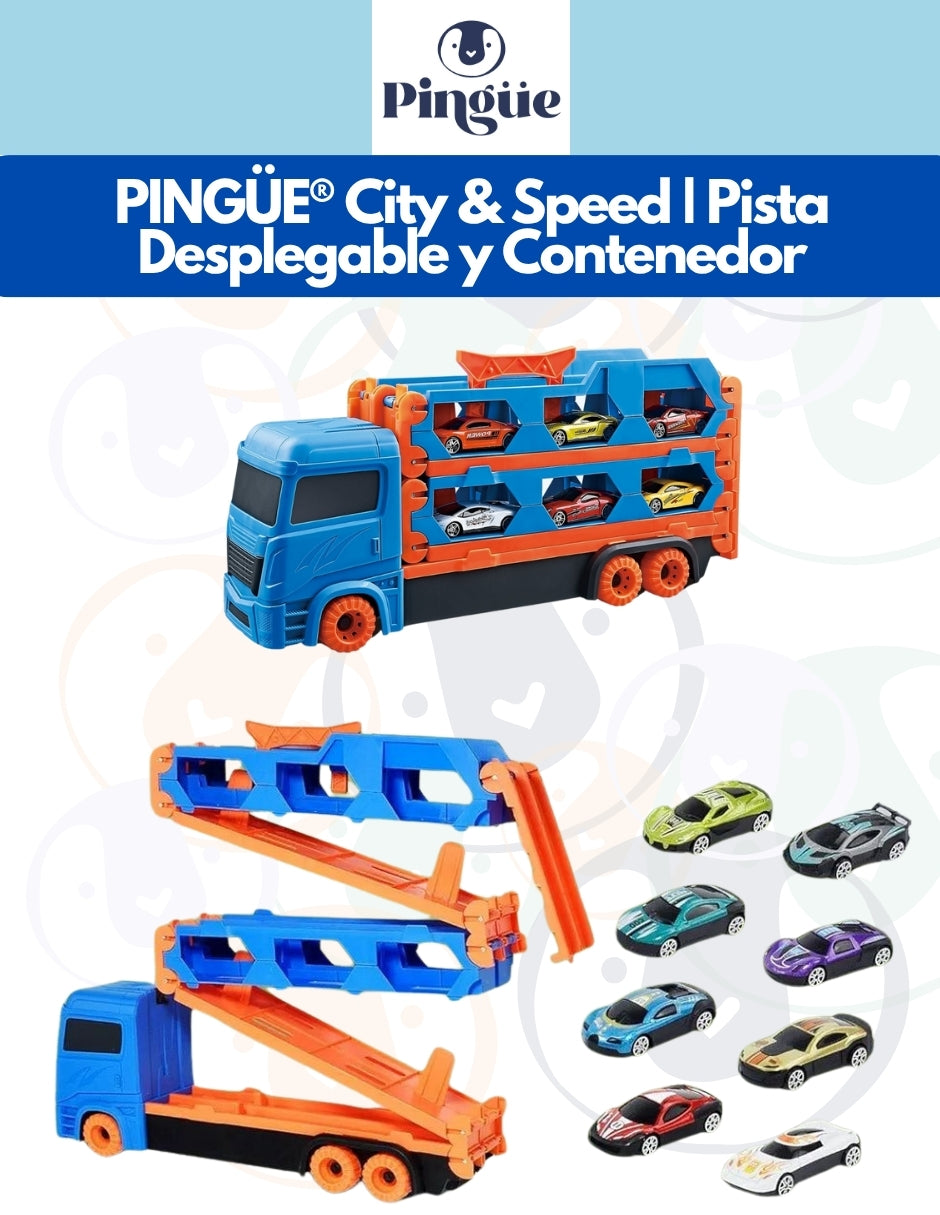 PINGÜE® City & Speed | Tráiler de Transporte y Almacenamiento | Pista de Alta Velocidad para Vehículos 1:64 | Hasta 12 Hot Wheels, Azul | Tamaño 37x11x19 | Juguetes Niños estilo Hot Wheels.