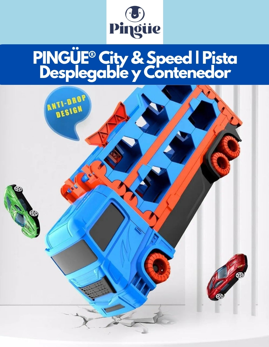 PINGÜE® City & Speed | Tráiler de Transporte y Almacenamiento | Pista de Alta Velocidad para Vehículos 1:64 | Hasta 12 Hot Wheels, Azul | Tamaño 37x11x19 | Juguetes Niños estilo Hot Wheels.