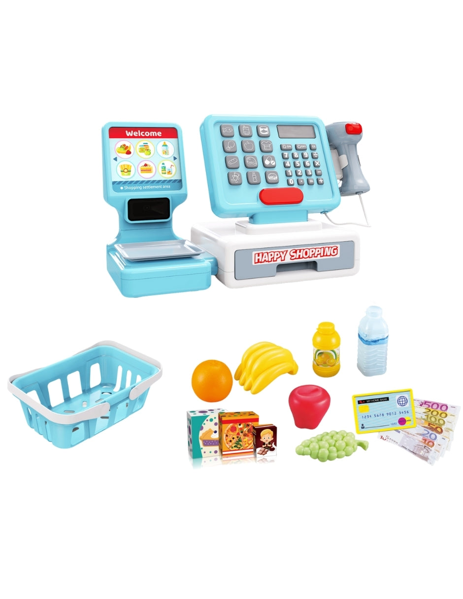 PINGÜE® Role Play | Caja registradora de supermercado con báscula y accesorios. 10 piezas. Color azul pastel. Juguetes Niños y Niñas