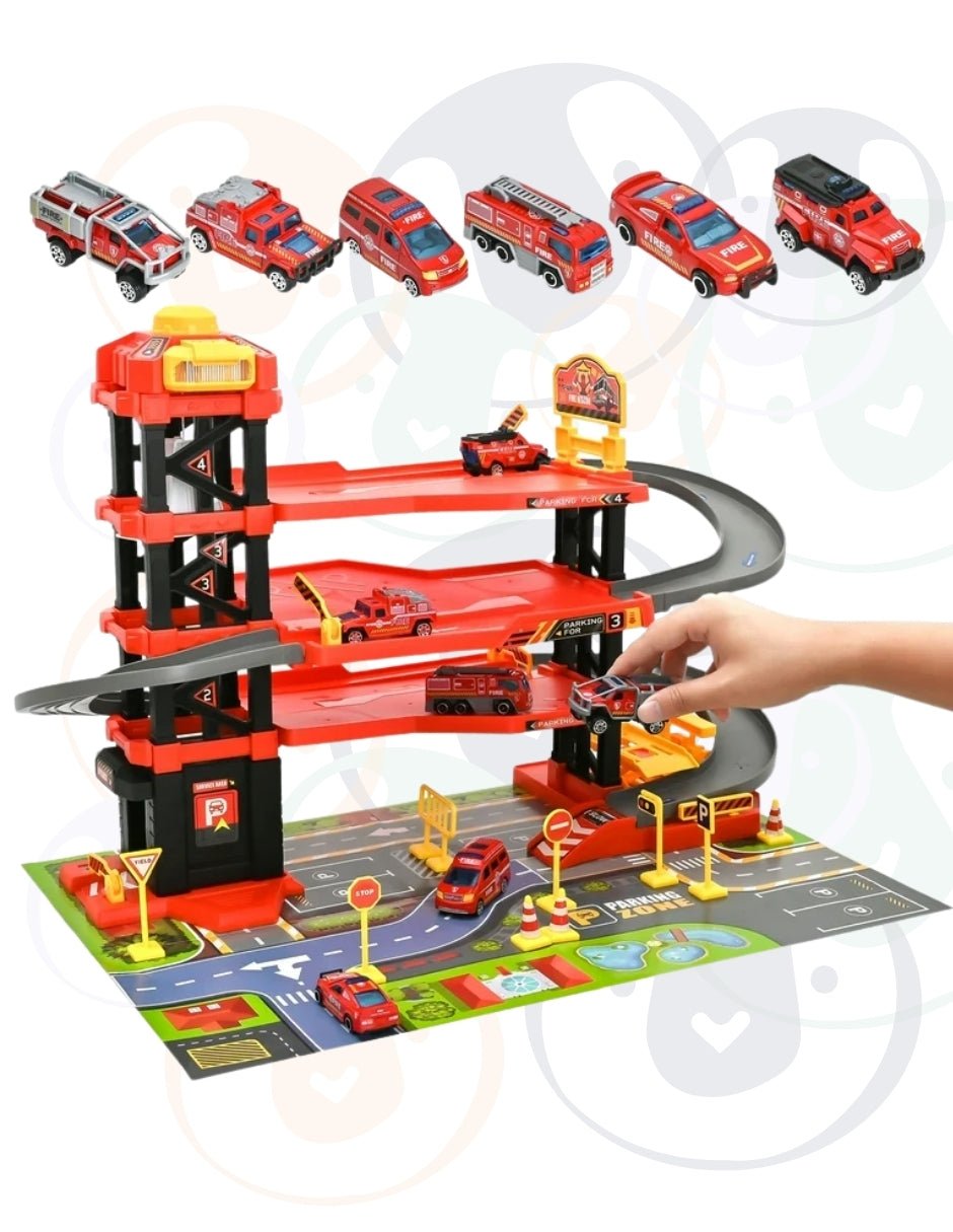 PINGÜE® City & Speed | Garage y Pista de Juguete | Garage Extremo | Estación de Bomberos de 4 Niveles con Luces y Sonidos | Tamaño 57x36x38 | Juguetes Niños estilo Hot Wheels.