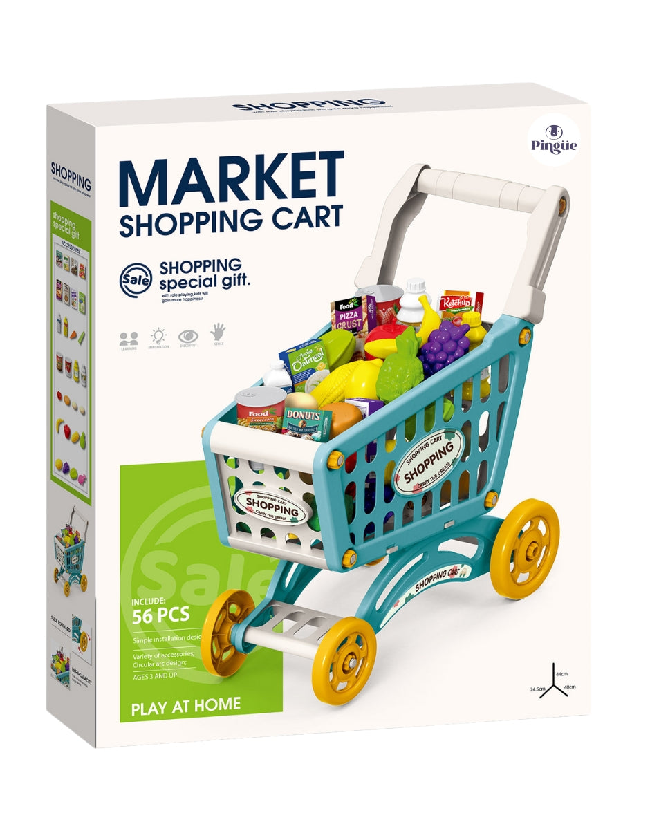 PINGÜE® Role Play | Set a Escala Carrito de Compras de Supermercado, Incluye 60 piezas y accesorios, Tamaño 25x40x44 cm, Edad 3+. Juguetes Niñas