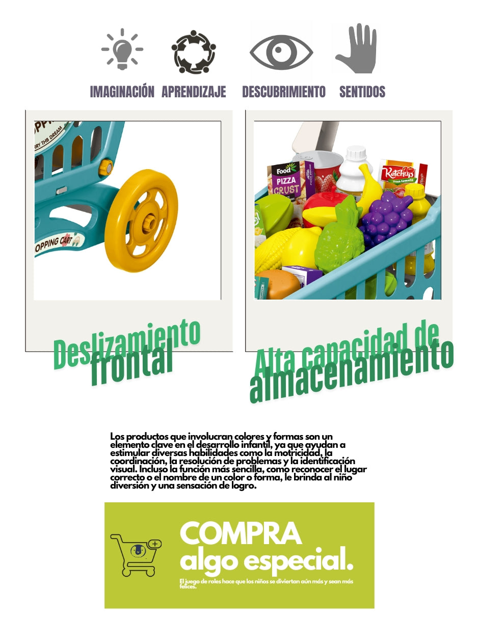 PINGÜE® Role Play | Set a Escala Carrito de Compras de Supermercado, Incluye 60 piezas y accesorios, Tamaño 25x40x44 cm, Edad 3+. Juguetes Niñas