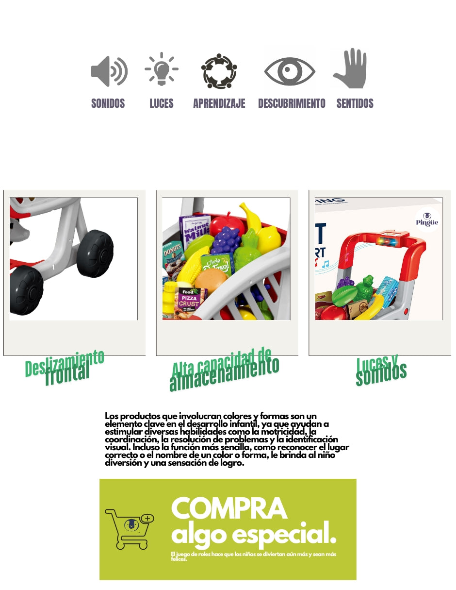 PINGÜE® Role Play | Set a Escala Carrito de Compras de Supermercado, 42 Piezas con Música, Luces y Sonidos, Tamaño 39x29x49 cm, Edad 3+. Juguetes Niñas