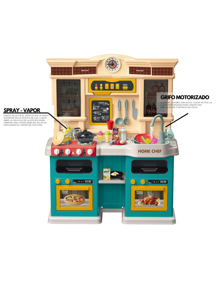 PINGÜE® Role Play | Set a Escala Cocina de Juguete, 85 Piezas con Luces y Sonido, Funciones Reales: Hervir Agua, Vapor y Grifo Funcional, Tamaño 66x24x83 cm, Edad 3+. Juguetes Niñas