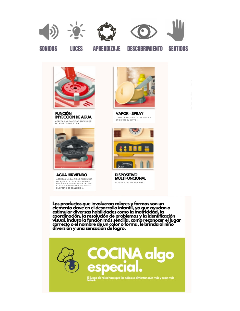 PINGÜE® Role Play | Set a Escala Cocina de Juguete, 85 Piezas con Luces y Sonido, Funciones Reales: Hervir Agua, Vapor y Grifo Funcional, Tamaño 66x24x83 cm, Edad 3+. Juguetes Niñas