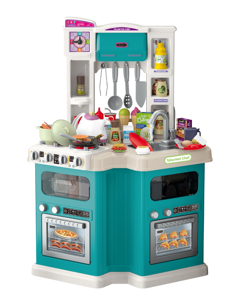 PINGÜE® Role Play | Set a Escala Cocina de Juguete, 98 Piezas con Luces y Sonido, Diseño Esquinero con 2 Vistas, Funciones Reales: Vapor y Grifo Funcional, Tamaño 57x30x79 cm, Edad 3+. Juguetes Niñas