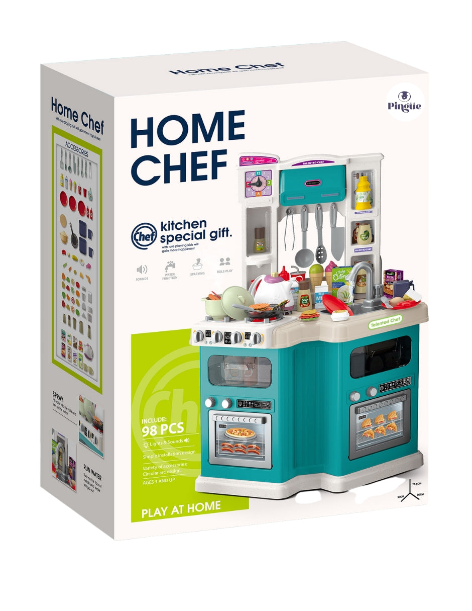 PINGÜE® Role Play | Set a Escala Cocina de Juguete, 98 Piezas con Luces y Sonido, Diseño Esquinero con 2 Vistas, Funciones Reales: Vapor y Grifo Funcional, Tamaño 57x30x79 cm, Edad 3+. Juguetes Niñas