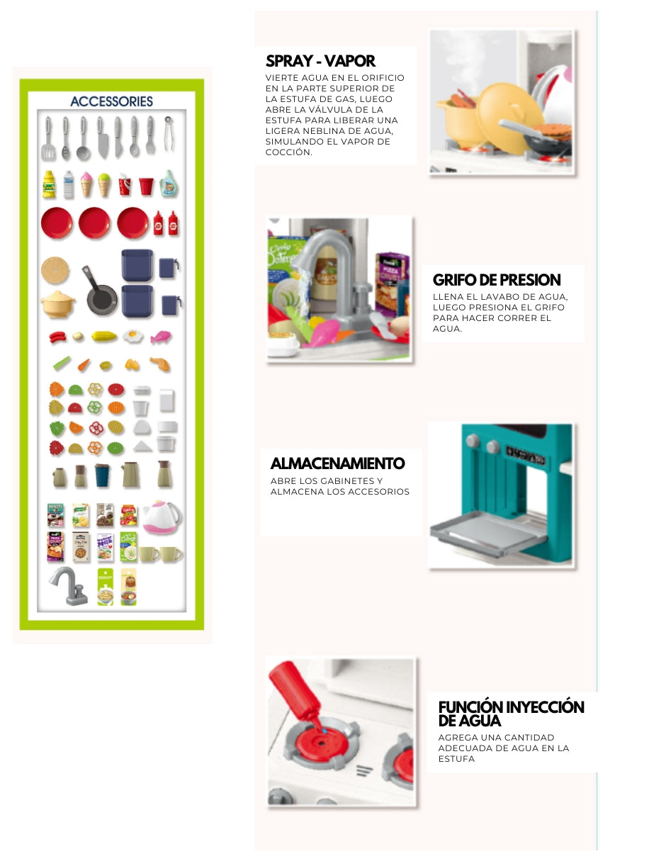 PINGÜE® Role Play | Set a Escala Cocina de Juguete, 98 Piezas con Luces y Sonido, Diseño Esquinero con 2 Vistas, Funciones Reales: Vapor y Grifo Funcional, Tamaño 57x30x79 cm, Edad 3+. Juguetes Niñas