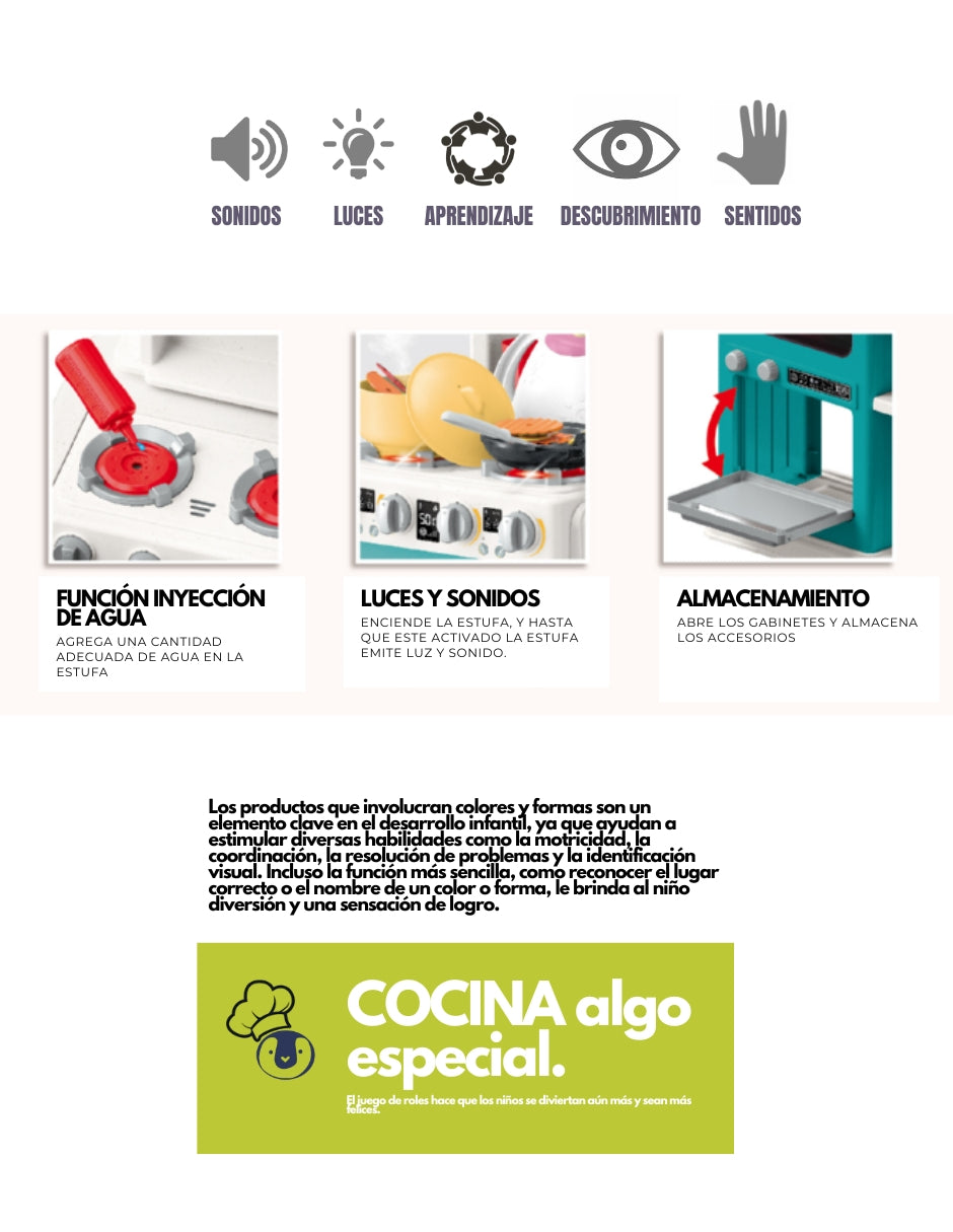 PINGÜE® Role Play | Set a Escala Cocina de Juguete, 98 Piezas con Luces y Sonido, Diseño Esquinero con 2 Vistas, Funciones Reales: Vapor y Grifo Funcional, Tamaño 57x30x79 cm, Edad 3+. Juguetes Niñas