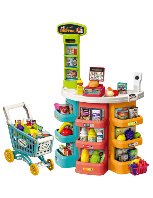 PINGÜE® Role Play | Mostrador y Carrito de Supermercado a Escala, 72 Piezas con Luces y Sonido, Incluye Escáner, Balanza y Estantes, Tamaño 51x27x76 cm, Edad 3+. Juguetes Niñas