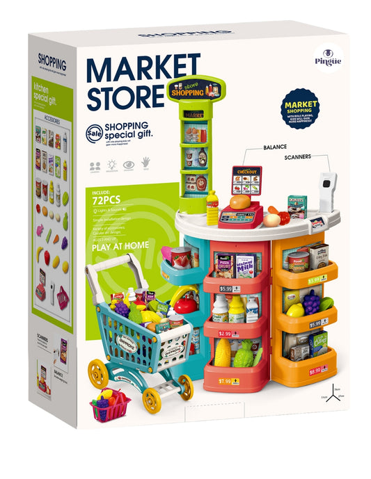 PINGÜE® Role Play | Mostrador y Carrito de Supermercado a Escala, 72 Piezas con Luces y Sonido, Incluye Escáner, Balanza y Estantes, Tamaño 51x27x76 cm, Edad 3+. Juguetes Niñas