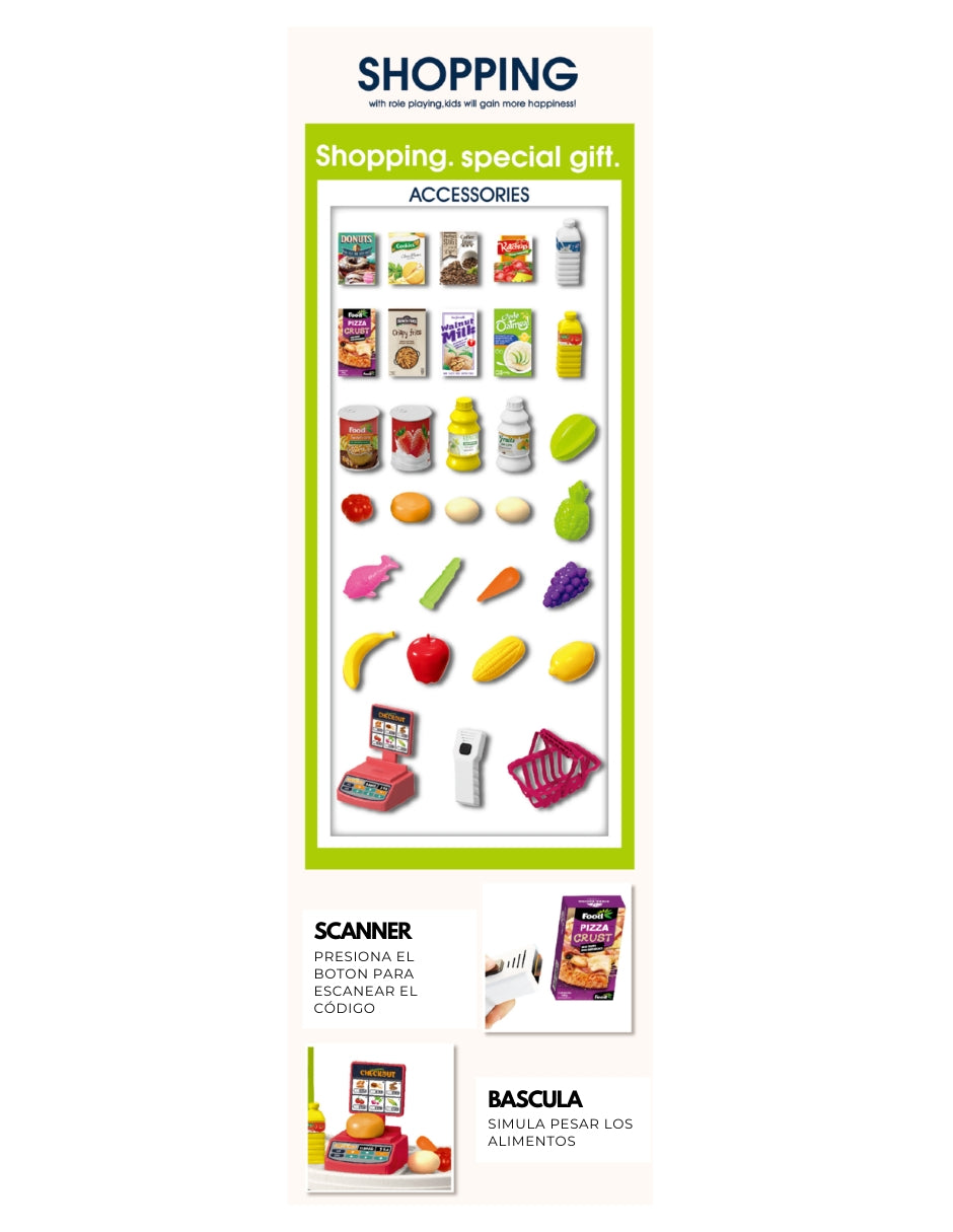 PINGÜE® Role Play | Mostrador y Carrito de Supermercado a Escala, 72 Piezas con Luces y Sonido, Incluye Escáner, Balanza y Estantes, Tamaño 51x27x76 cm, Edad 3+. Juguetes Niñas