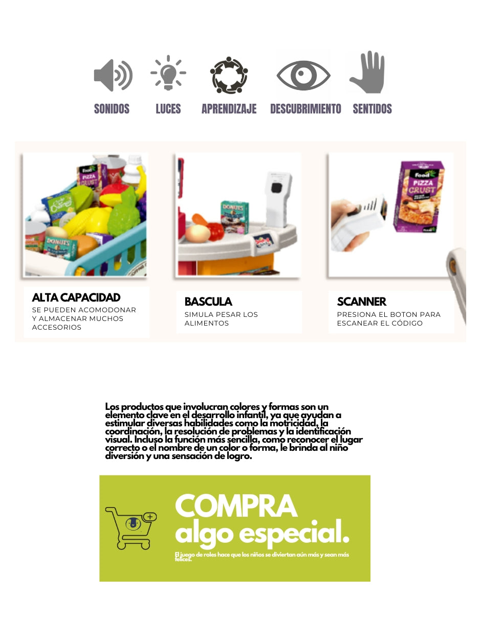 PINGÜE® Role Play | Mostrador y Carrito de Supermercado a Escala, 72 Piezas con Luces y Sonido, Incluye Escáner, Balanza y Estantes, Tamaño 51x27x76 cm, Edad 3+. Juguetes Niñas