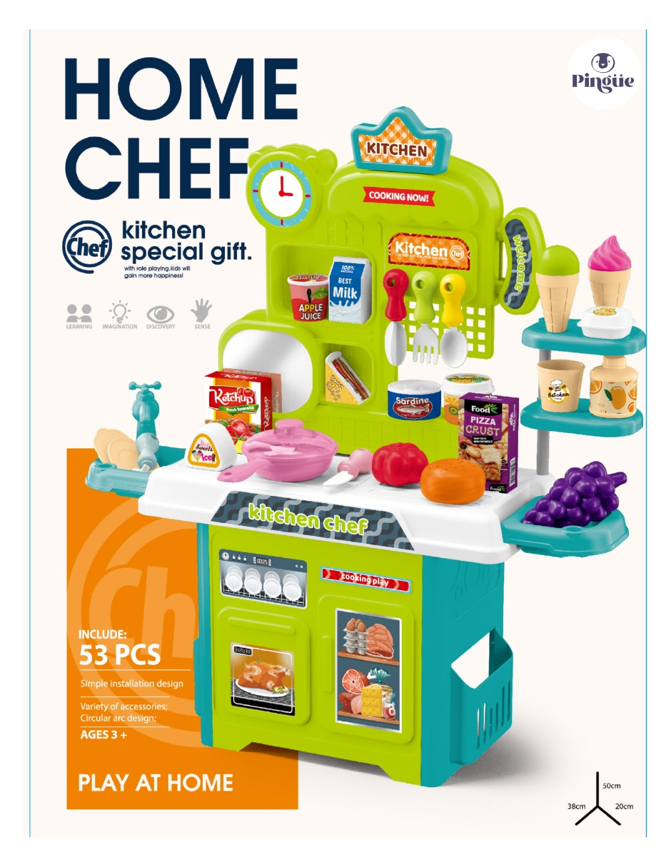 PINGÜE® Role Play | Set de Cocina de Juguete con 53 Piezas | Fácil de instalar, con variedad de accesorios. Tamaño 38x20x50. Edad 3+. Juguetes Niñas