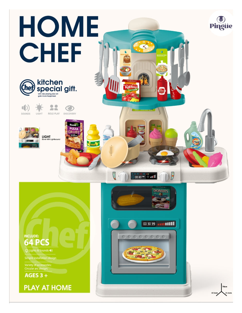 PINGÜE® Role Play | Set de Cocina de Juguete a Escala con 64 Piezas, Luces y Sonidos | Horno con luz, espacio de almacenamiento y gran variedad de accesorios. Tamaño 48x22x78. Edad 3+. Juguetes Niñas