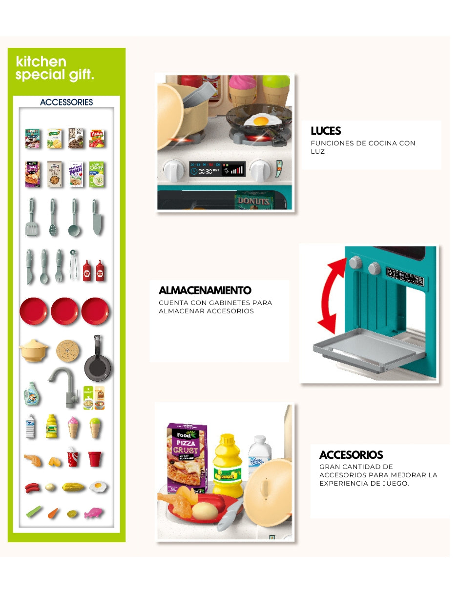 PINGÜE® Role Play | Set de Cocina de Juguete a Escala con 64 Piezas, Luces y Sonidos | Horno con luz, espacio de almacenamiento y gran variedad de accesorios. Tamaño 48x22x78. Edad 3+. Juguetes Niñas