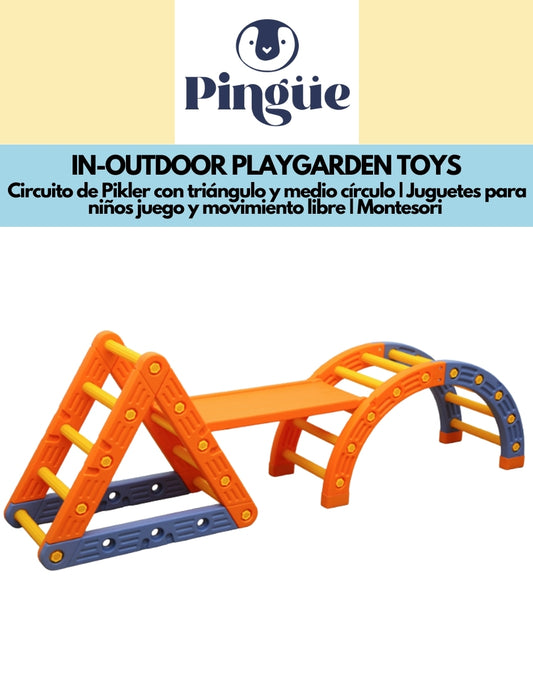 PINGÜE® In-Outdoors | Circuito de Pikler con triángulo y medio círculo | Juguetes para niños juego y movimiento libre | Montesori | Fabricado en HDPE | Uso interior y exterior | Tamaño 217x44x55 cm
