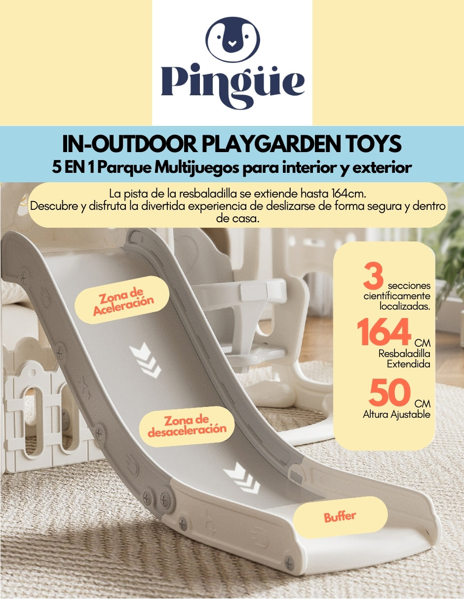 PINGÜE® In-Outdoors | Parque Multijuegos para interiores 5 en 1 | Resbaladilla, Columpio, Portería, Canasta y Pasamanos | Parque infantil interior y exterior| Juguetes para Niños | Fabricado con HDPE | Tamaño 205 x 190 x 97 cm