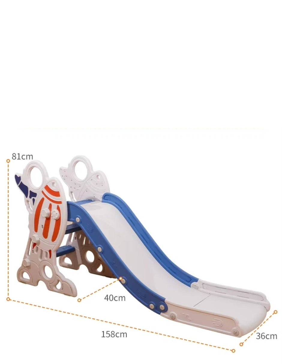 PINGÜE® In-Outdoors | Resbaladilla infantil para bebé | Tobogán Plegable para Niños Pequeños | 2 en 1 Resbaladilla y Canasta de Basquetbol | Modelo Cohete Espacial | Parque Infantil para interior y exterior | Tamaño 158 x 81 x 65 cm