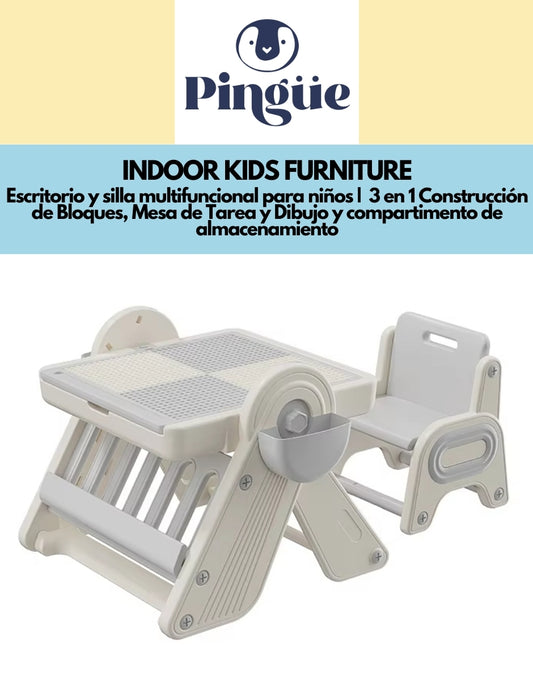PINGÜE® In-Outdoors | Escritorio y silla multifuncional para niños |  3 en 1 Construcción de Bloques, Mesa de Tarea y Dibujo y compartimento de almacenamiento | Tamaño 70 x 67 x 57 cm