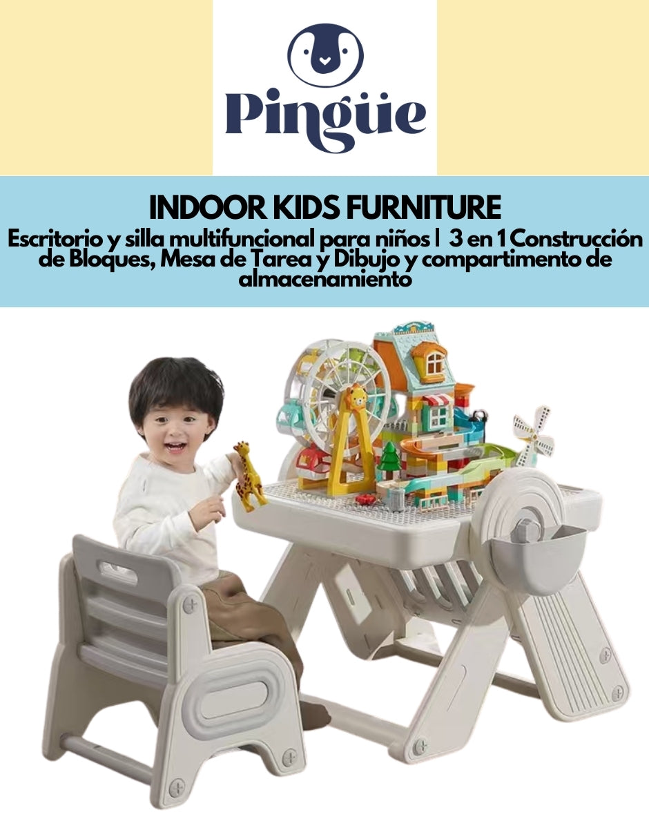 PINGÜE® In-Outdoors | Escritorio y silla multifuncional para niños | 3 en 1 Construcción de Bloques, Mesa de Tarea y Dibujo y compartimento de almacenamiento | Tamaño 70 x 67 x 57 cm