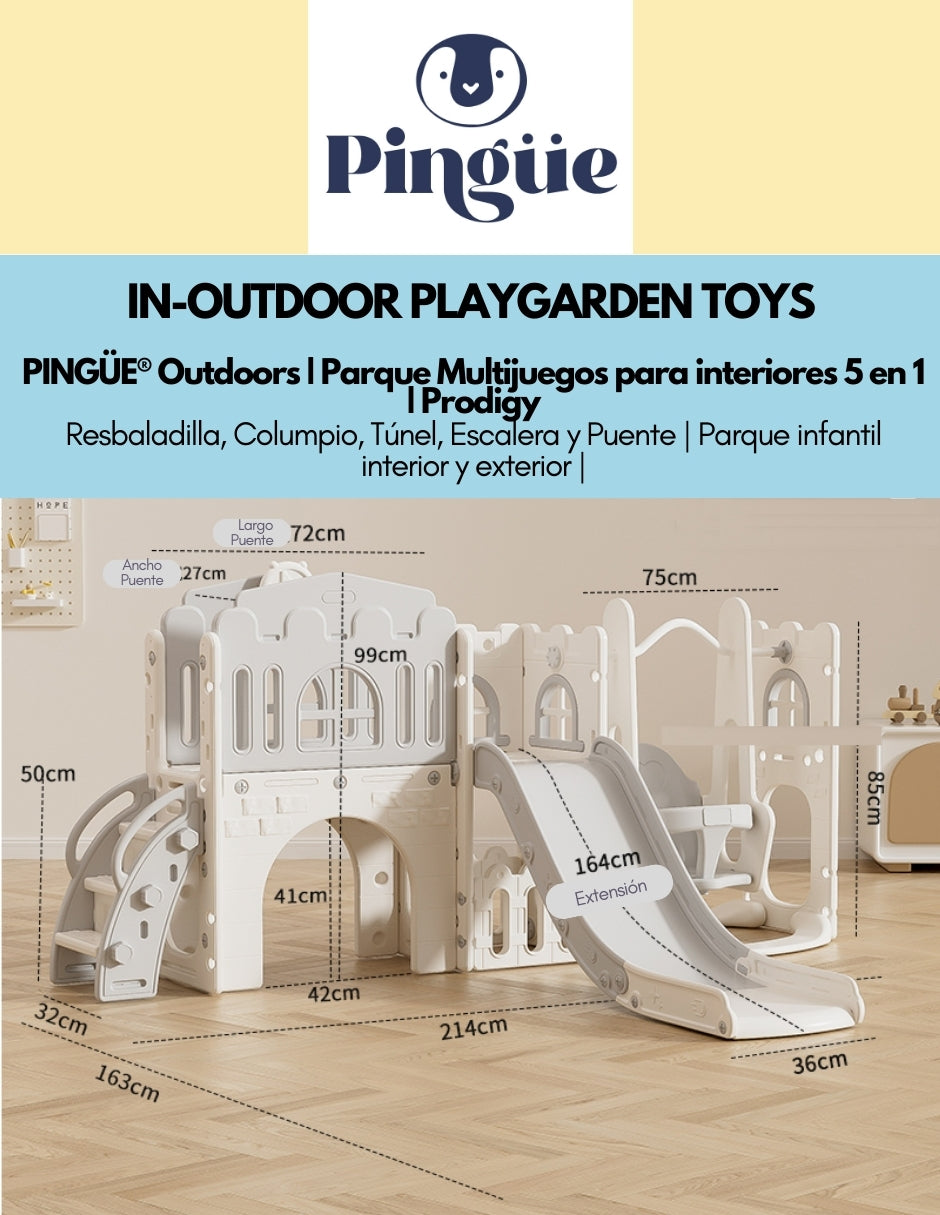 PINGÜE® Outdoors | Parque Multijuegos para interiores 5 en 1 | Resbaladilla, Columpio, Túnel, Escalera y Puente | Parque infantil interior y exterior | Juguetes para Niños | Fabricado con HDPE | Tamaño 250 x 150 x 96 cm