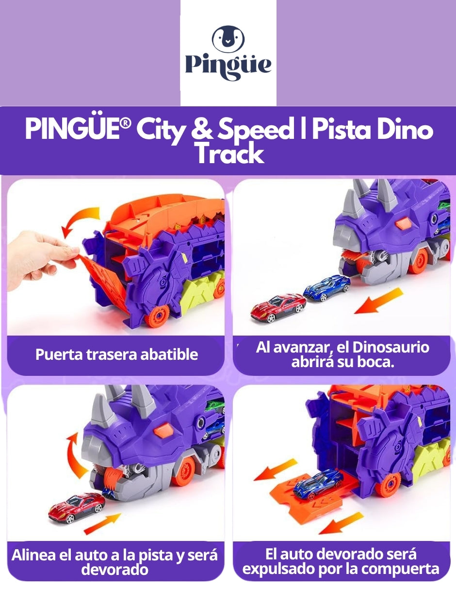 PINGÜE® City & Speed | Pista Dino Track para Niños | Set de Transporte y Almacenamiento | Alta Velocidad, Para Vehículos 1:64 | Morado | Tamaño 63x14x31 | Juguetes Niños estilo Hot Wheels