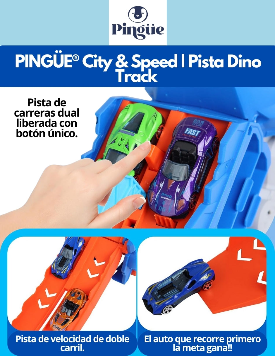 PINGÜE® City & Speed | Pista Dino Track para Niños | Set de Transporte y Almacenamiento | Alta Velocidad, Para Vehículos 1:64 | Azul | Tamaño 63x14x31 | Juguetes Niños estilo Hot Wheels.