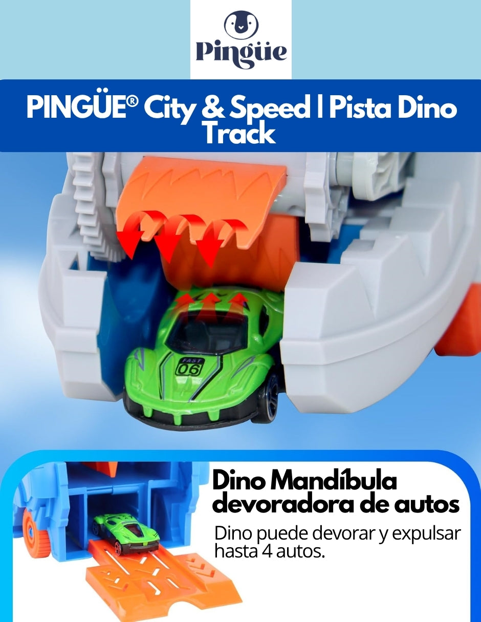 PINGÜE® City & Speed | Pista Dino Track para Niños | Set de Transporte y Almacenamiento | Alta Velocidad, Para Vehículos 1:64 | Azul | Tamaño 63x14x31 | Juguetes Niños estilo Hot Wheels.