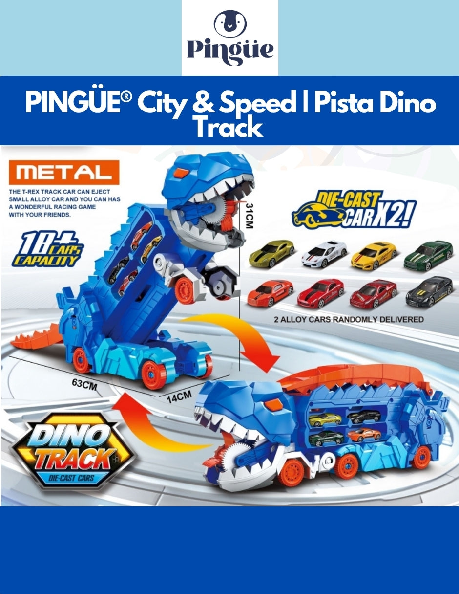 PINGÜE® City & Speed | Pista Dino Track para Niños | Set de Transporte y Almacenamiento | Alta Velocidad, Para Vehículos 1:64 | Azul | Tamaño 63x14x31 | Juguetes Niños estilo Hot Wheels.