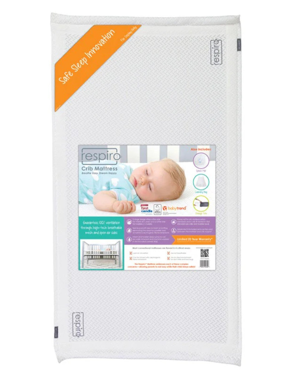 Colchón Respiro® BabyTrend® para Cuna y Cama de Niños | 100% Transpirable, Hipoalergénico, No Tóxico | Evita Chinches y Ácaros | Lavable | Funda Incluida | Blanco