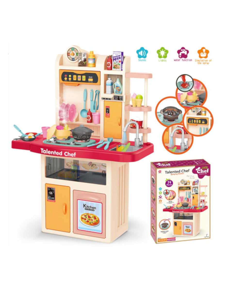 PINGÜE® Role Play | Set a escala de cocina de juguete para niños y niñas con luces, sonidos y más de 74 piezas. | Incluye cocina a escala con funciones reales, accesorios, utensilios, verduras, sonidos y luz. | Juguete infantil didáctico para niña y niño