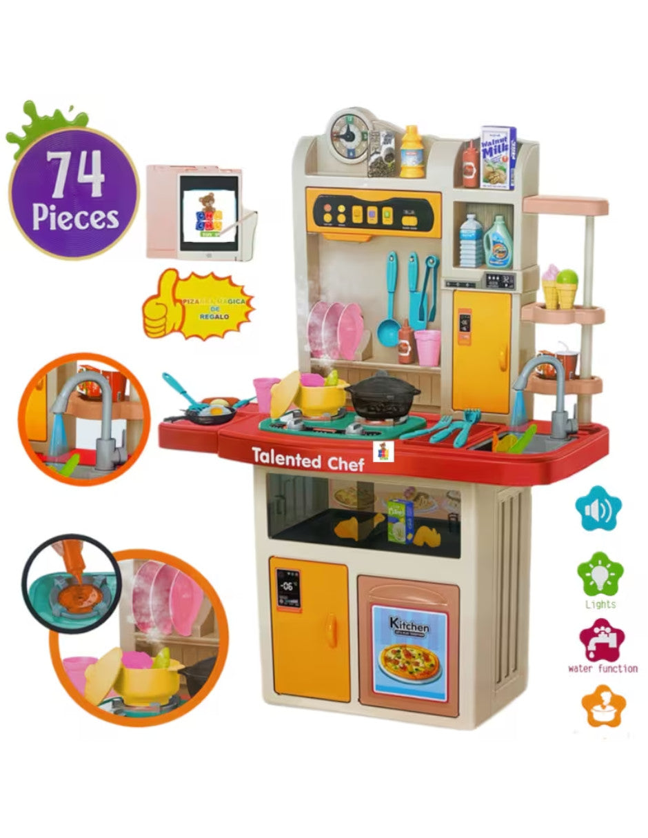 PINGÜE® Role Play | Set a escala de cocina de juguete para niños y niñas con luces, sonidos y más de 74 piezas. | Incluye cocina a escala con funciones reales, accesorios, utensilios, verduras, sonidos y luz. | Juguete infantil didáctico para niña y niño