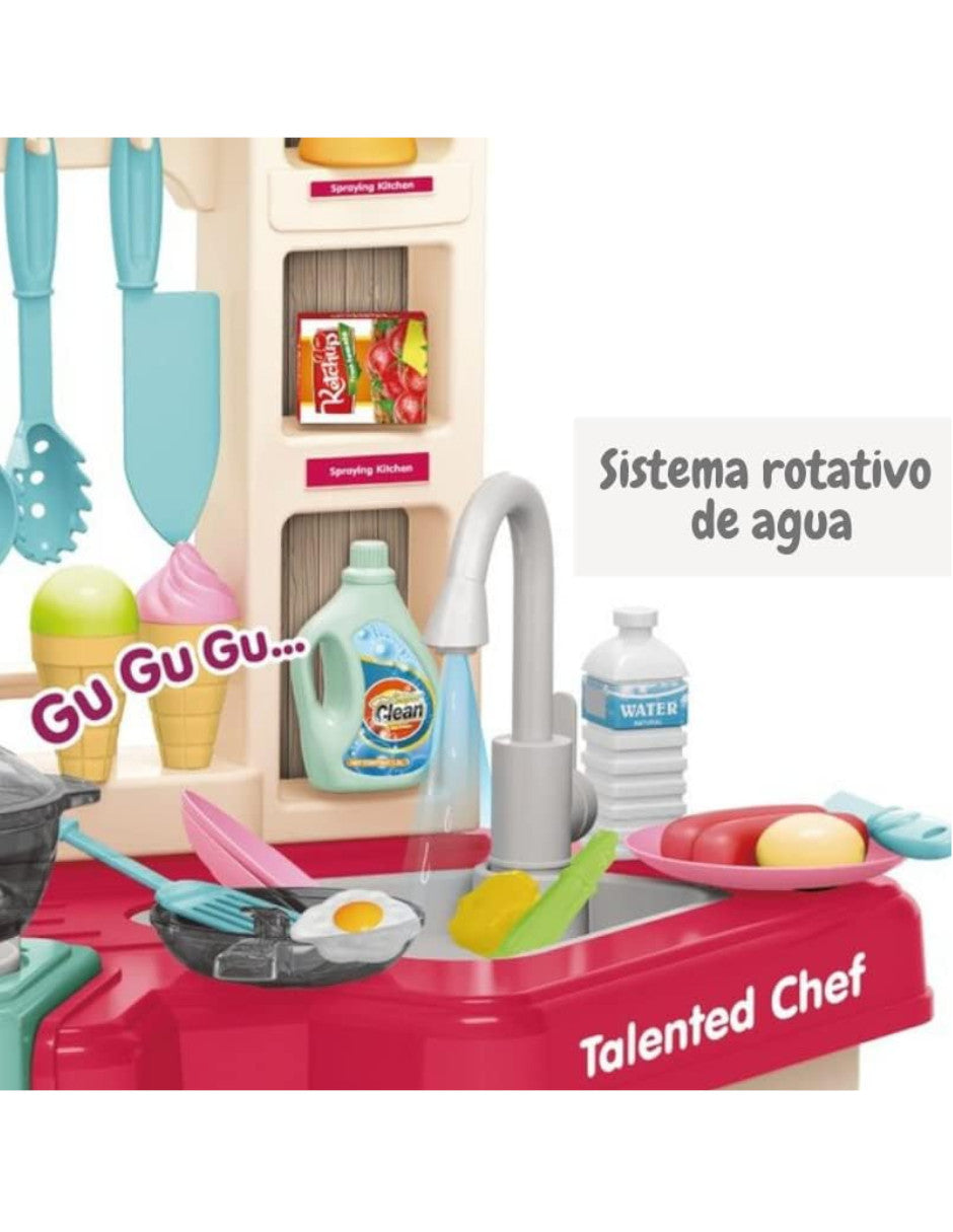 PINGÜE® Role Play | Set a escala de cocina de juguete para niños y niñas con luces, sonidos y más de 74 piezas. | Incluye cocina a escala con funciones reales, accesorios, utensilios, verduras, sonidos y luz. | Juguete infantil didáctico para niña y niño