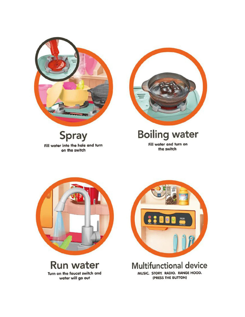 PINGÜE® Role Play | Set a escala de cocina de juguete para niños y niñas con luces, sonidos y más de 74 piezas. | Incluye cocina a escala con funciones reales, accesorios, utensilios, verduras, sonidos y luz. | Juguete infantil didáctico para niña y niño