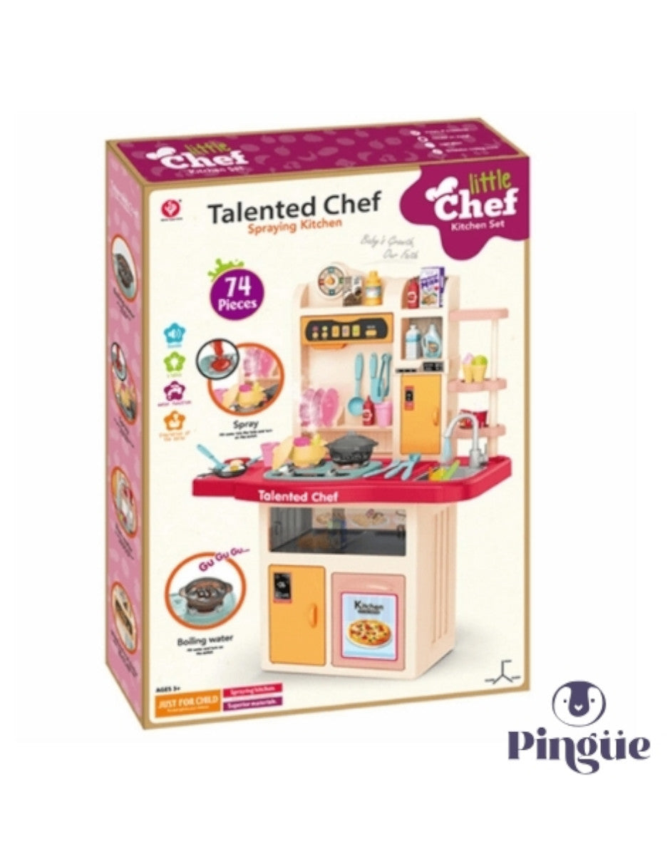 PINGÜE® Role Play | Set a escala de cocina de juguete para niños y niñas con luces, sonidos y más de 74 piezas. | Incluye cocina a escala con funciones reales, accesorios, utensilios, verduras, sonidos y luz. | Juguete infantil didáctico para niña y niño
