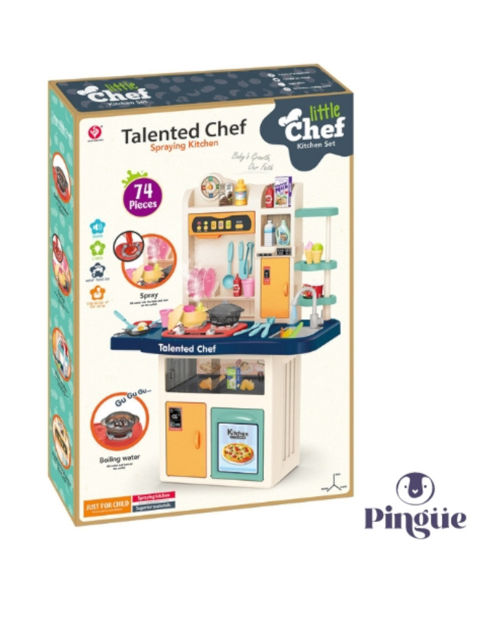 PINGÜE® Role Play | Set a escala de cocina de juguete para niños y niñas con luces, sonidos y más de 74 piezas. | Incluye cocina a escala con funciones reales, accesorios, utensilios, verduras, sonidos y luz. | Juguete infantil didáctico para niña y niño