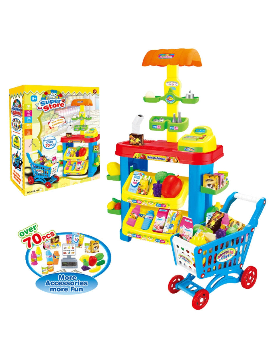 PINGÜE® - Set a escala Supermercado para niños con Luces y Sonidos | Incluye 70 Piezas de accesorios | Incluye Mostrador de Supermercado, Caja Registradora, Carrito de Compras, Báscula, Scanner, Abarrotes y Alimentos | Luces, Sonidos y Voz